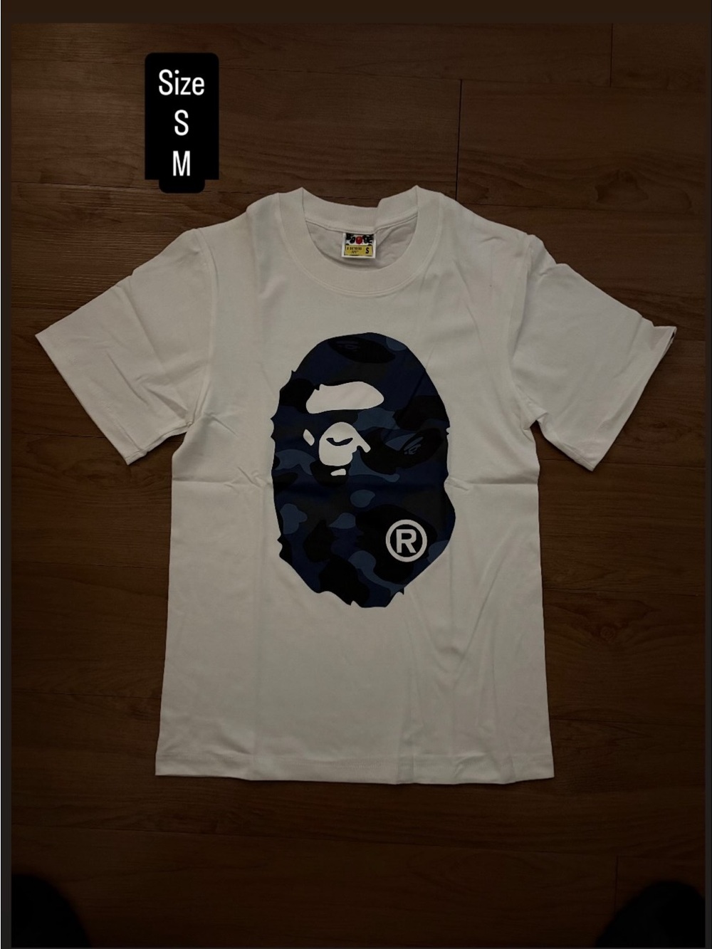 Bape Kids White Tee with Navy Camo Ape Head